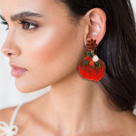 Sunflower Floral Autumn Fall Pumpkin Patch Theme Bead & Crystal Earrings - Picture 1 of 2